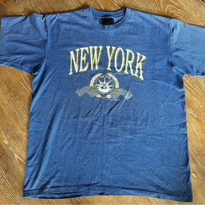 Vintage New York Mens T Shirt XL Blue Striped Single Stich Statue of Liberty 90s